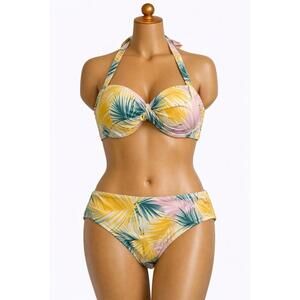 Shade & Shore Women Tropical Palm Bikini Set 38DD Top M Bottom Yellow Green